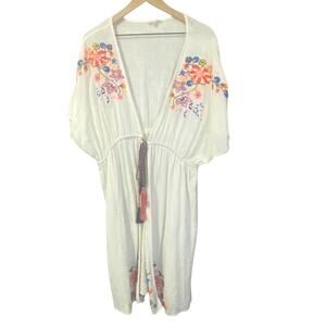 ODDY White Embroidered Floral Tassel Tie Kimono Duster Boho Short Sleeve OS